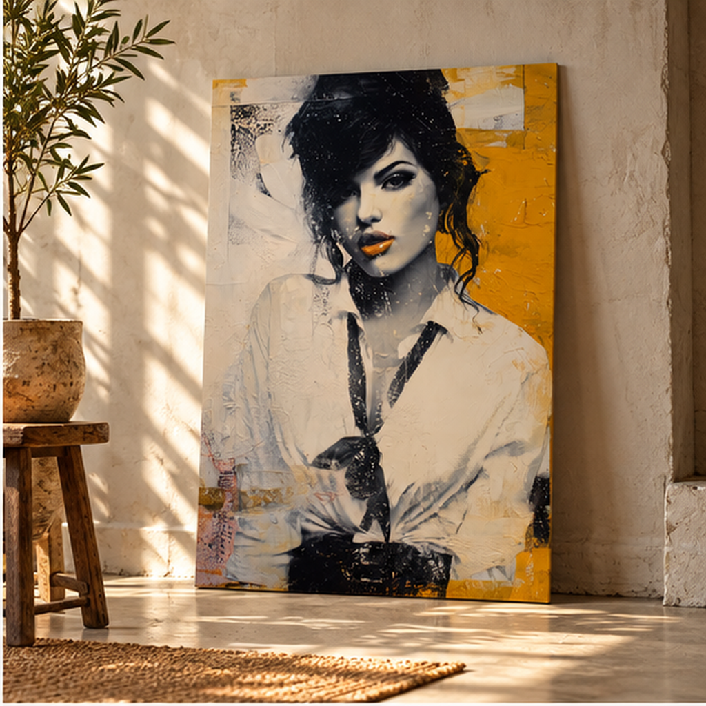 Vintage Woman Portrait Poster – Abstract Pop Art Wall Decor, Retro Feminine Artwork, Mustard Yellow Black and White Art Print