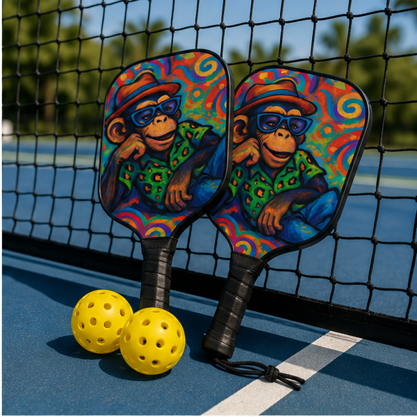 Pickleball Paddle Set With Colorful Retro Monkey Design 2 Pack With Balls Durable Wooden Paddles And Comfortable Grips