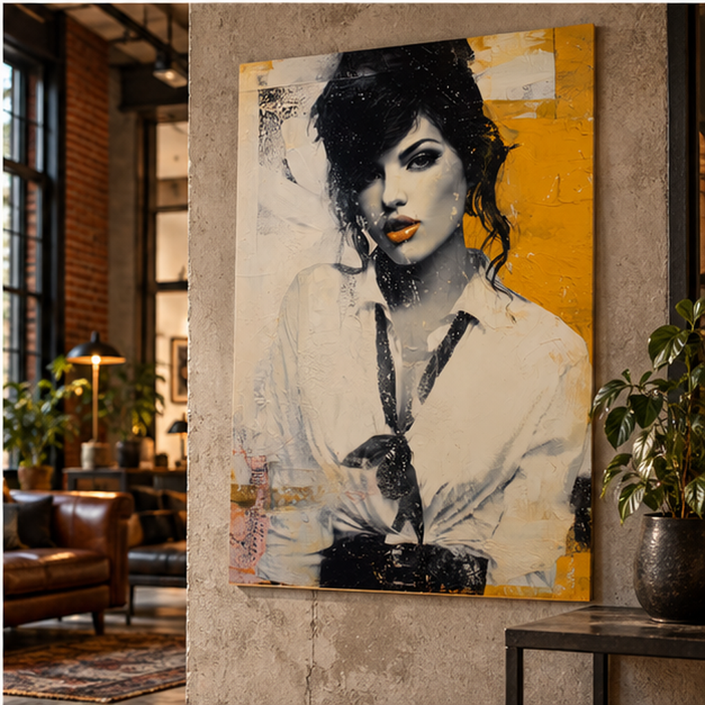 Vintage Woman Portrait Poster – Abstract Pop Art Wall Decor, Retro Feminine Artwork, Mustard Yellow Black and White Art Print