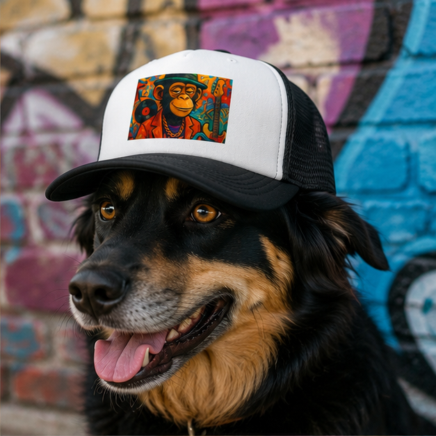 Retro Funk Monkey Dog Trucker Hat With Furfect Fit Adjustable Chin Strap Breathable Mesh Back