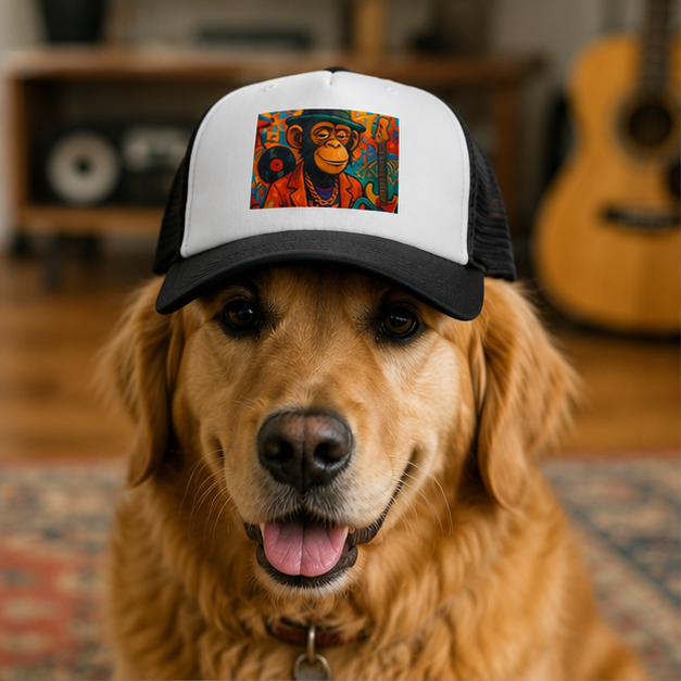 Retro Funk Monkey Dog Trucker Hat With Furfect Fit Adjustable Chin Strap Breathable Mesh Back