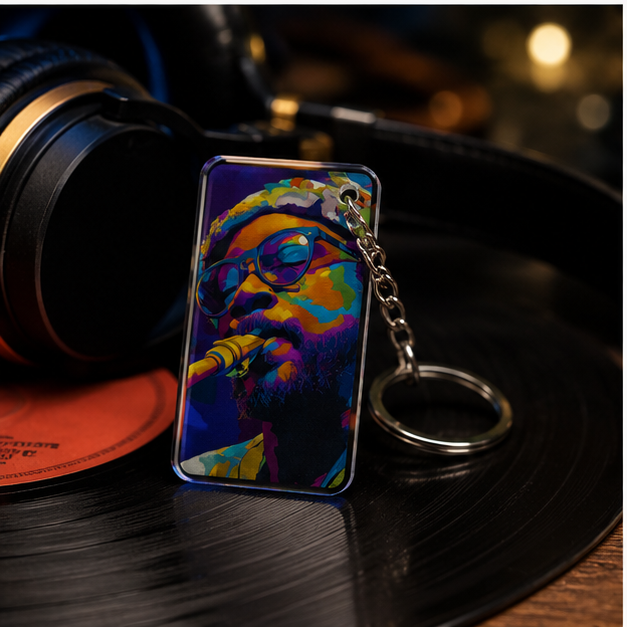 Jazz Saxophonist Pop Art Keychain Charm Handcrafted Acrylic Portrait Accessory For Keys