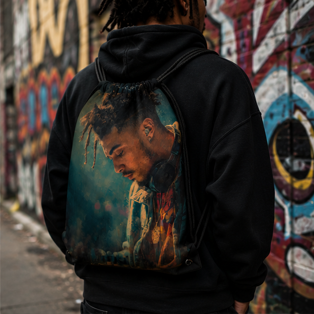 Artist Portrait Drawstring Bag Moody Urban Music Photo Gym Sack Lightweight Durable Polyester Everyday Carry