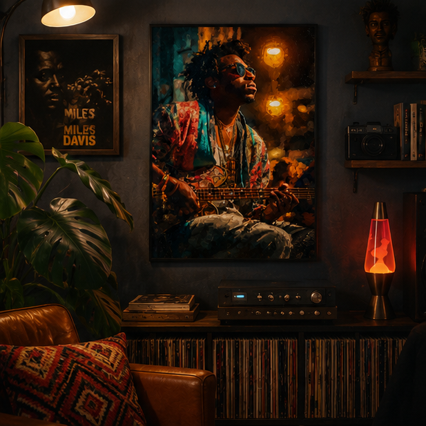 Matte Music Poster Soulful Bassist Night Portrait Vertical Wall Art For Music Rooms And Gallery Walls