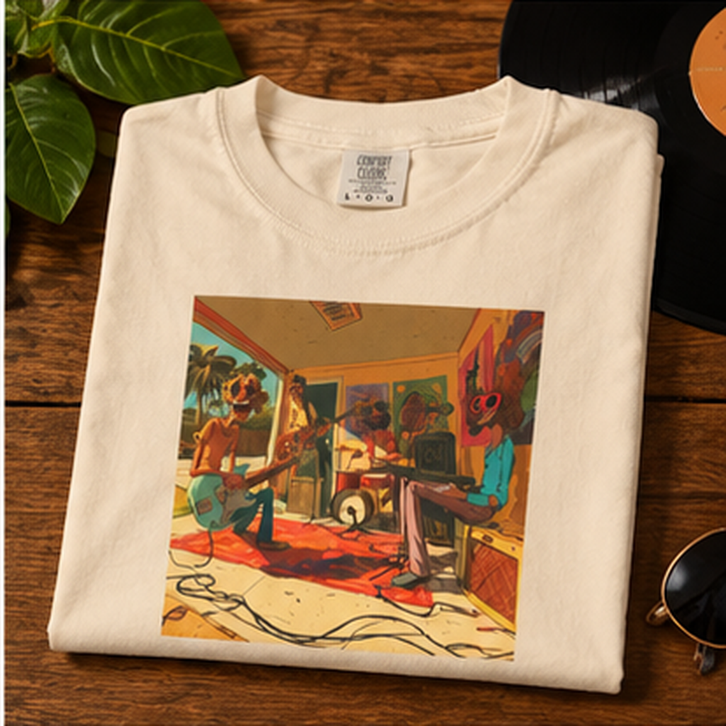 Retro Garage Band T-Shirt, Funky Music Graphic Tee, Vintage Cartoon Band Shirt, Psychedelic Guitar Art Tee