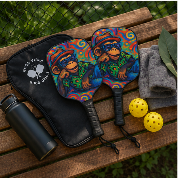 Pickleball Paddle Set With Colorful Retro Monkey Design 2 Pack With Balls Durable Wooden Paddles And Comfortable Grips