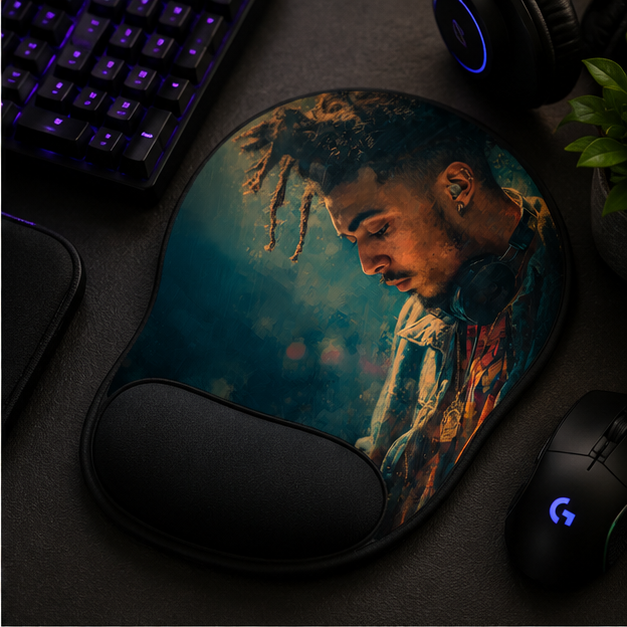 DJ Portrait Ergonomic Mouse Pad With Memory Foam Wrist Rest And Removable Neoprene Insert Moody Music Vibes