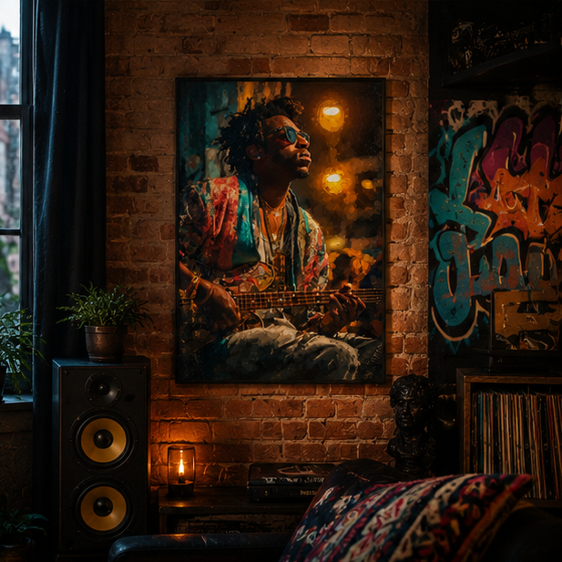 Matte Music Poster Soulful Bassist Night Portrait Vertical Wall Art For Music Rooms And Gallery Walls