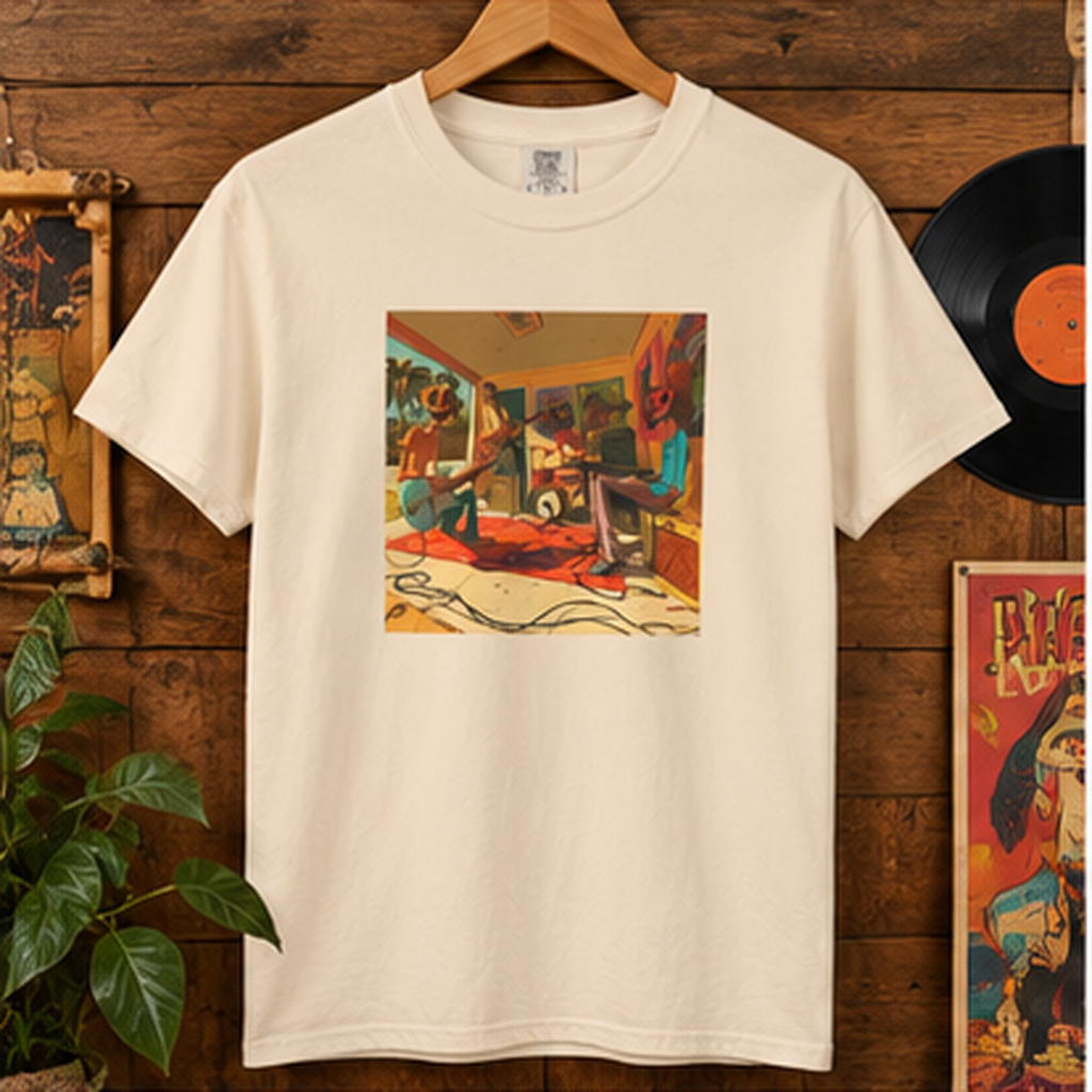Retro Garage Band T-Shirt, Funky Music Graphic Tee, Vintage Cartoon Band Shirt, Psychedelic Guitar Art Tee