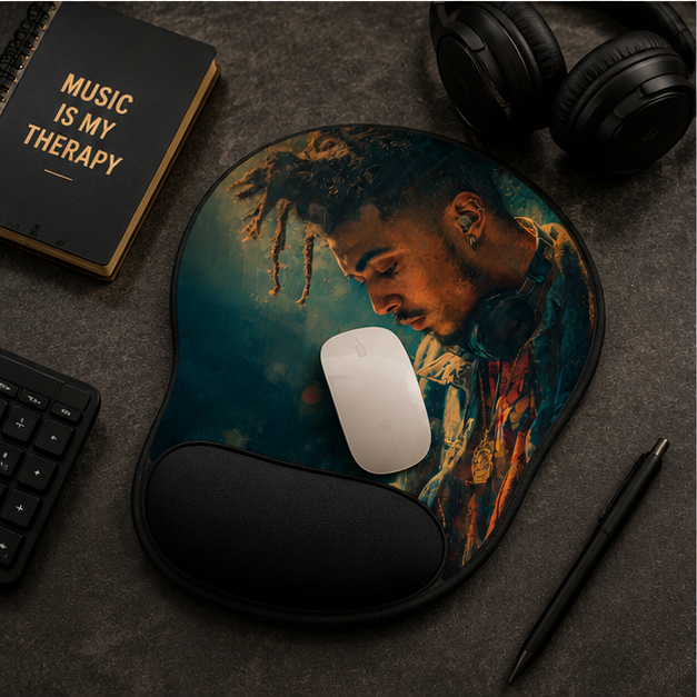 DJ Portrait Ergonomic Mouse Pad With Memory Foam Wrist Rest And Removable Neoprene Insert Moody Music Vibes