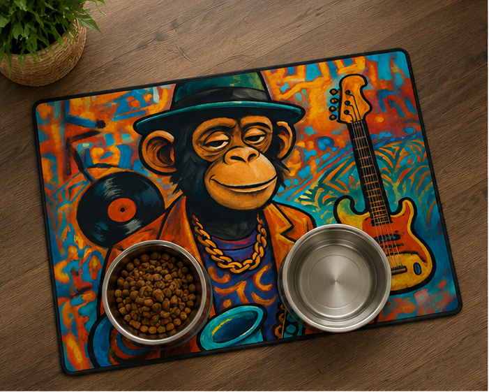 Jazz Ape Pet Food Mat 12x18 Non Slip Bowl Placemat With Colorful Musician Monkey Design