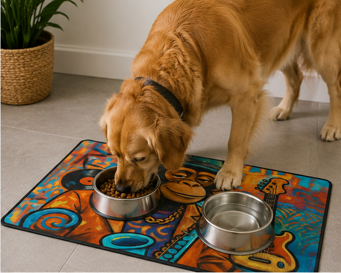 Jazz Ape Pet Food Mat 12x18 Non Slip Bowl Placemat With Colorful Musician Monkey Design