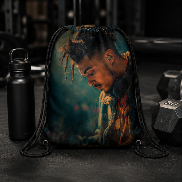 Artist Portrait Drawstring Bag Moody Urban Music Photo Gym Sack Lightweight Durable Polyester Everyday Carry