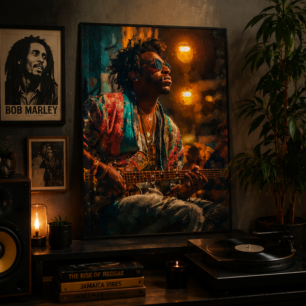 Matte Music Poster Soulful Bassist Night Portrait Vertical Wall Art For Music Rooms And Gallery Walls