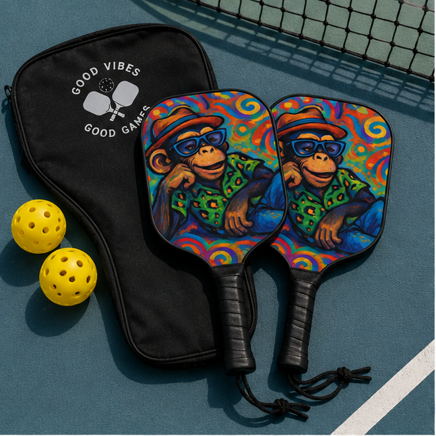 Pickleball Paddle Set With Colorful Retro Monkey Design 2 Pack With Balls Durable Wooden Paddles And Comfortable Grips