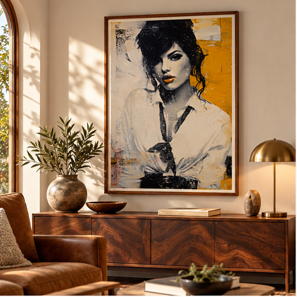Vintage Woman Portrait Poster – Abstract Pop Art Wall Decor, Retro Feminine Artwork, Mustard Yellow Black and White Art Print