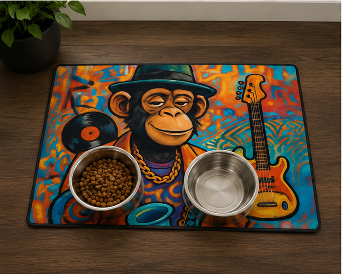 Jazz Ape Pet Food Mat 12x18 Non Slip Bowl Placemat With Colorful Musician Monkey Design