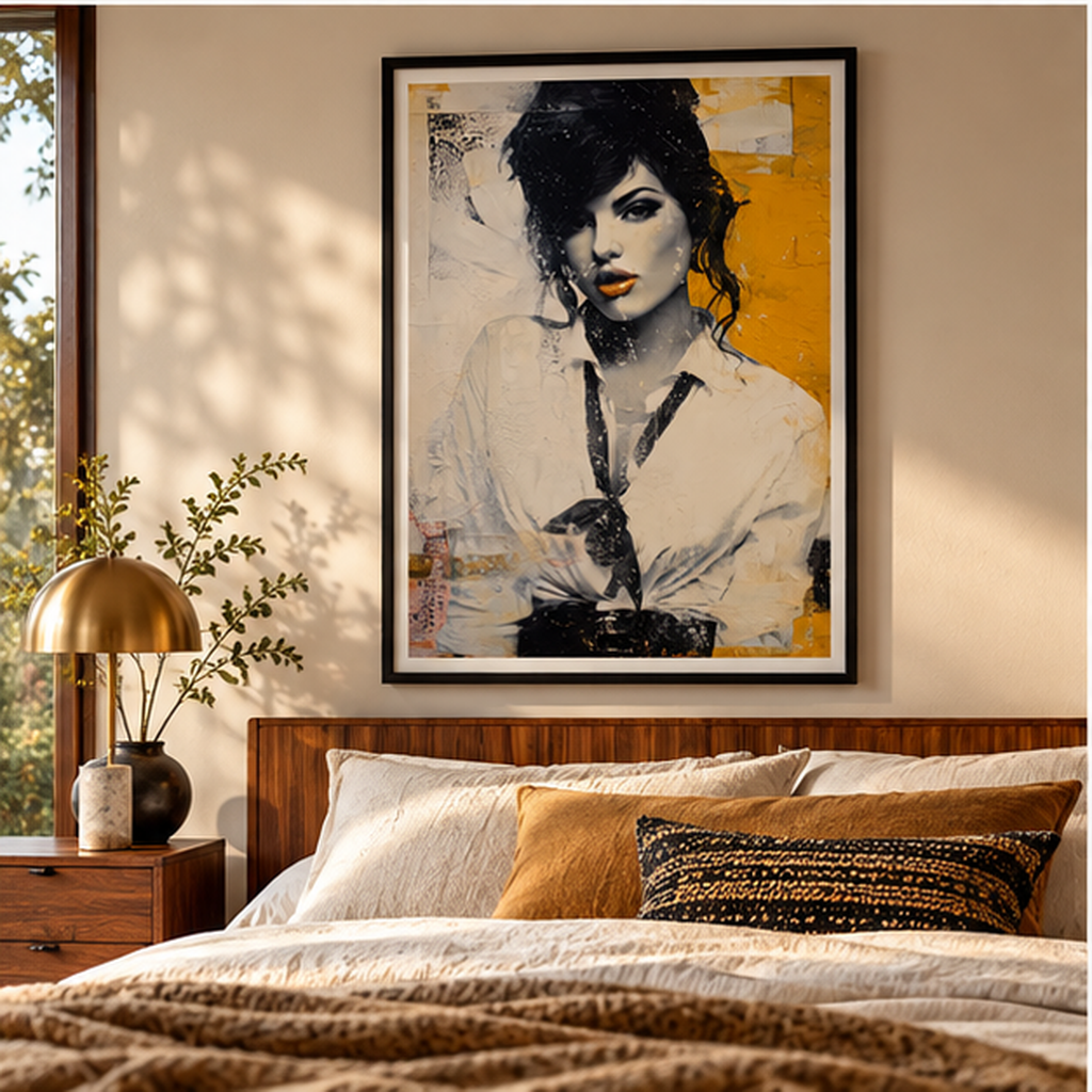 Vintage Woman Portrait Poster – Abstract Pop Art Wall Decor, Retro Feminine Artwork, Mustard Yellow Black and White Art Print