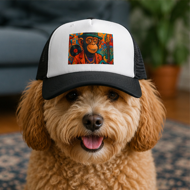 Retro Funk Monkey Dog Trucker Hat With Furfect Fit Adjustable Chin Strap Breathable Mesh Back