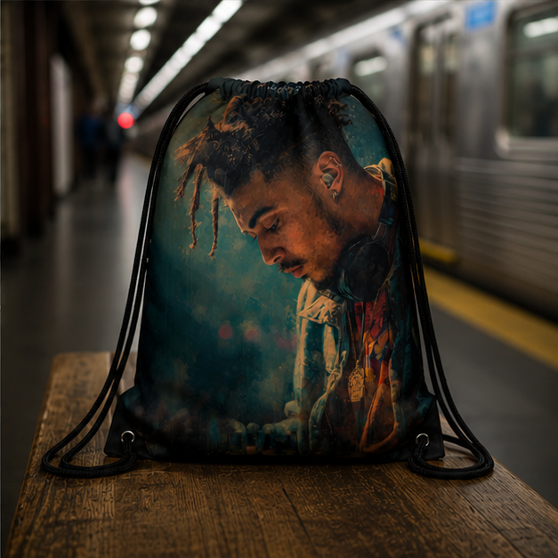 Artist Portrait Drawstring Bag Moody Urban Music Photo Gym Sack Lightweight Durable Polyester Everyday Carry