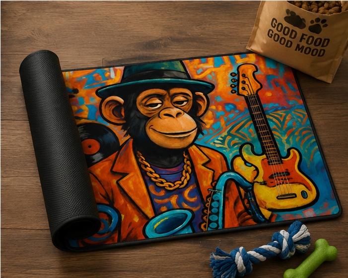 Jazz Ape Pet Food Mat 12x18 Non Slip Bowl Placemat With Colorful Musician Monkey Design