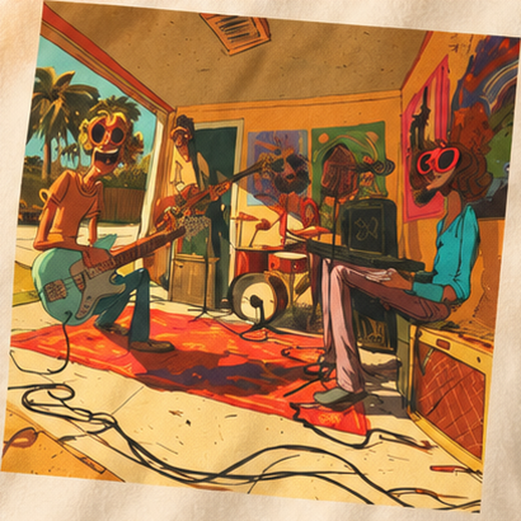 Retro Garage Band T-Shirt, Funky Music Graphic Tee, Vintage Cartoon Band Shirt, Psychedelic Guitar Art Tee
