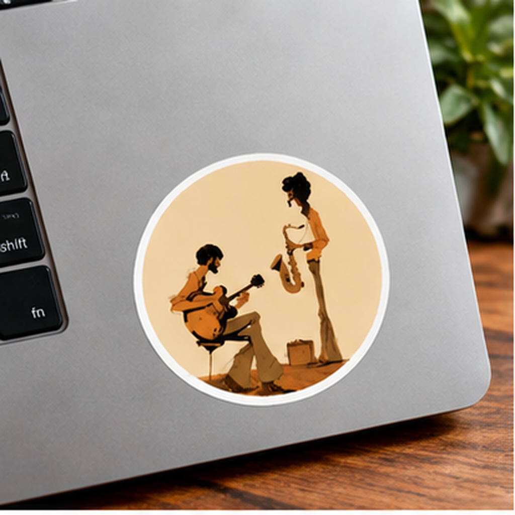 Round Jazz Musicians Sticker, Vintage Guitarist & Saxophone Decal, Retro Music Sticker, 70s Jazz Art, Musician Gift, Guitar Sticker