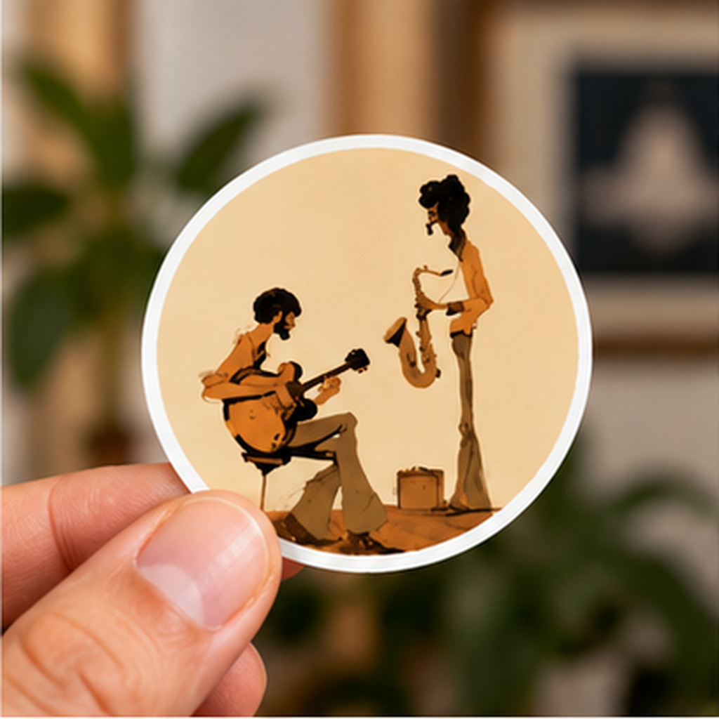 Round Jazz Musicians Sticker, Vintage Guitarist & Saxophone Decal, Retro Music Sticker, 70s Jazz Art, Musician Gift, Guitar Sticker