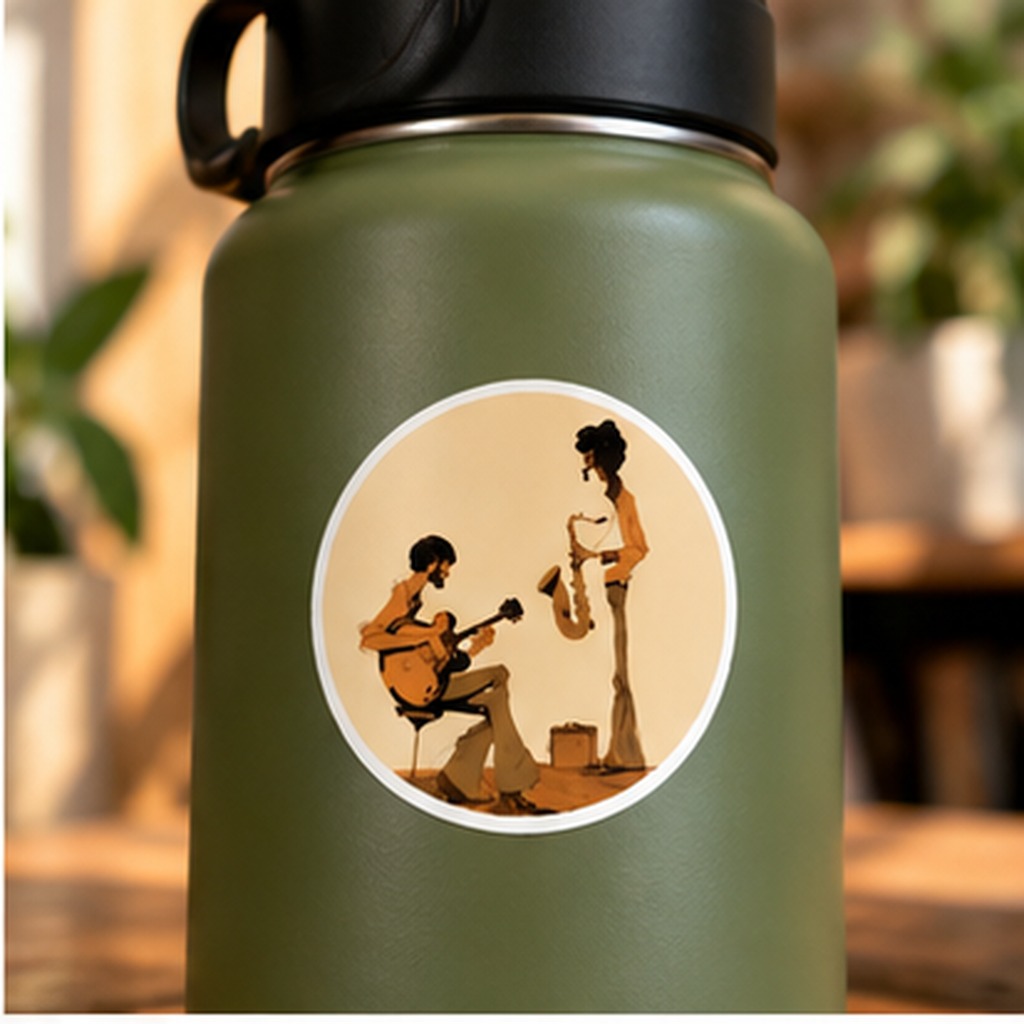Round Jazz Musicians Sticker, Vintage Guitarist & Saxophone Decal, Retro Music Sticker, 70s Jazz Art, Musician Gift, Guitar Sticker
