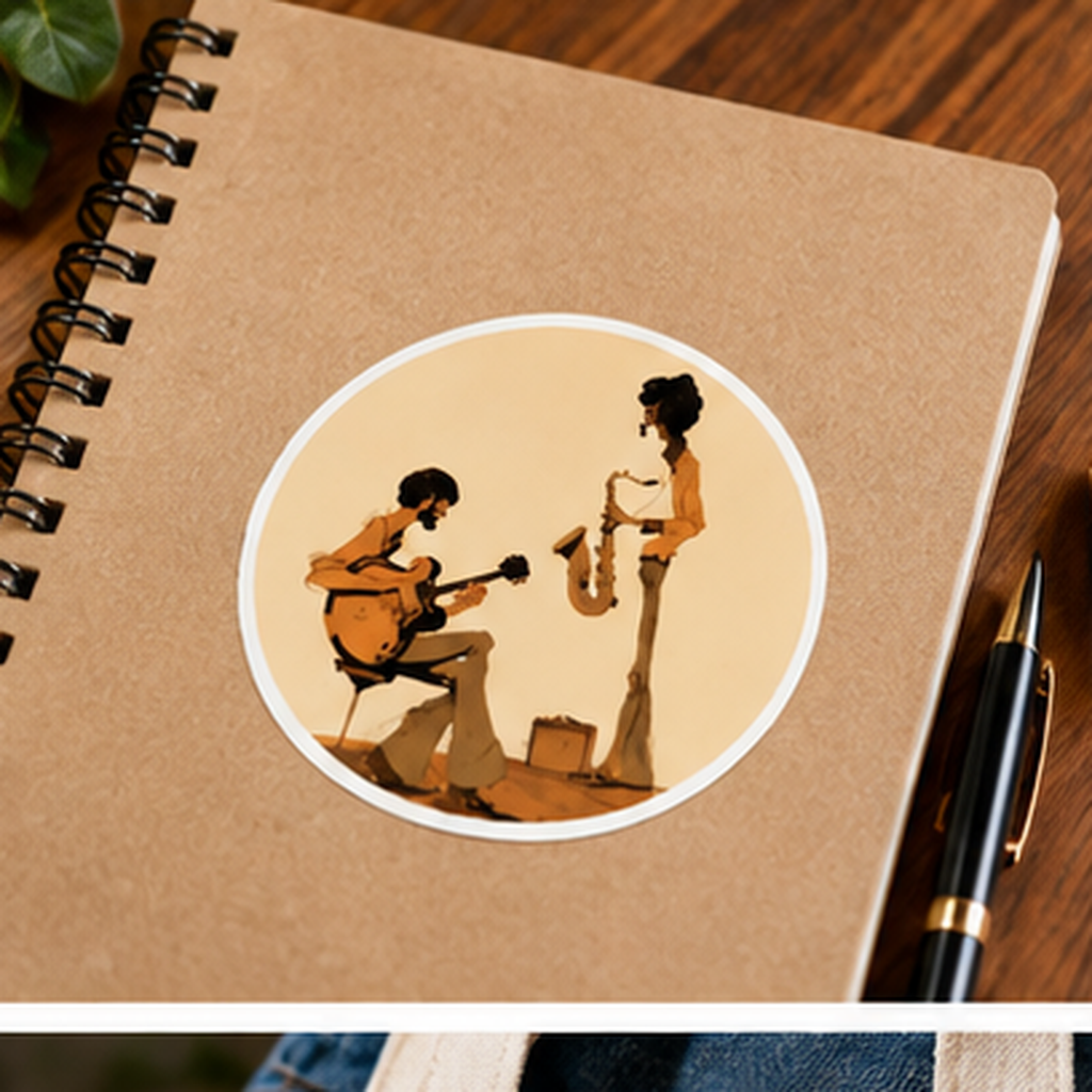 Round Jazz Musicians Sticker, Vintage Guitarist & Saxophone Decal, Retro Music Sticker, 70s Jazz Art, Musician Gift, Guitar Sticker