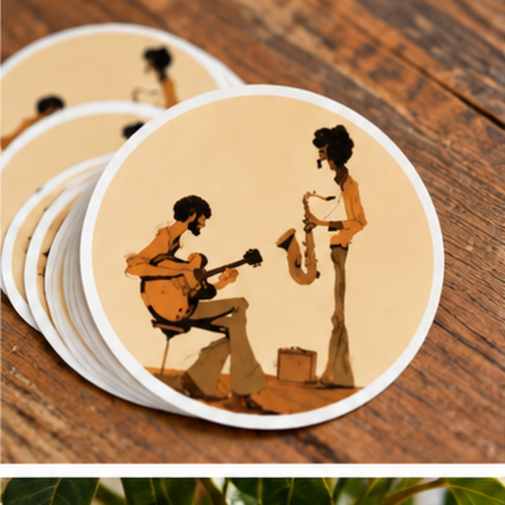 Round Jazz Musicians Sticker, Vintage Guitarist & Saxophone Decal, Retro Music Sticker, 70s Jazz Art, Musician Gift, Guitar Sticker
