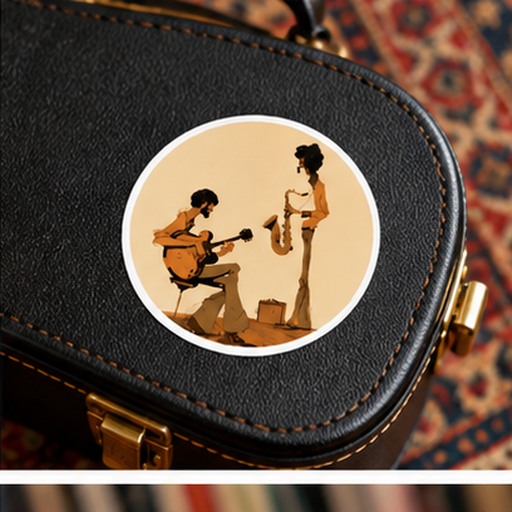 Round Jazz Musicians Sticker, Vintage Guitarist & Saxophone Decal, Retro Music Sticker, 70s Jazz Art, Musician Gift, Guitar Sticker