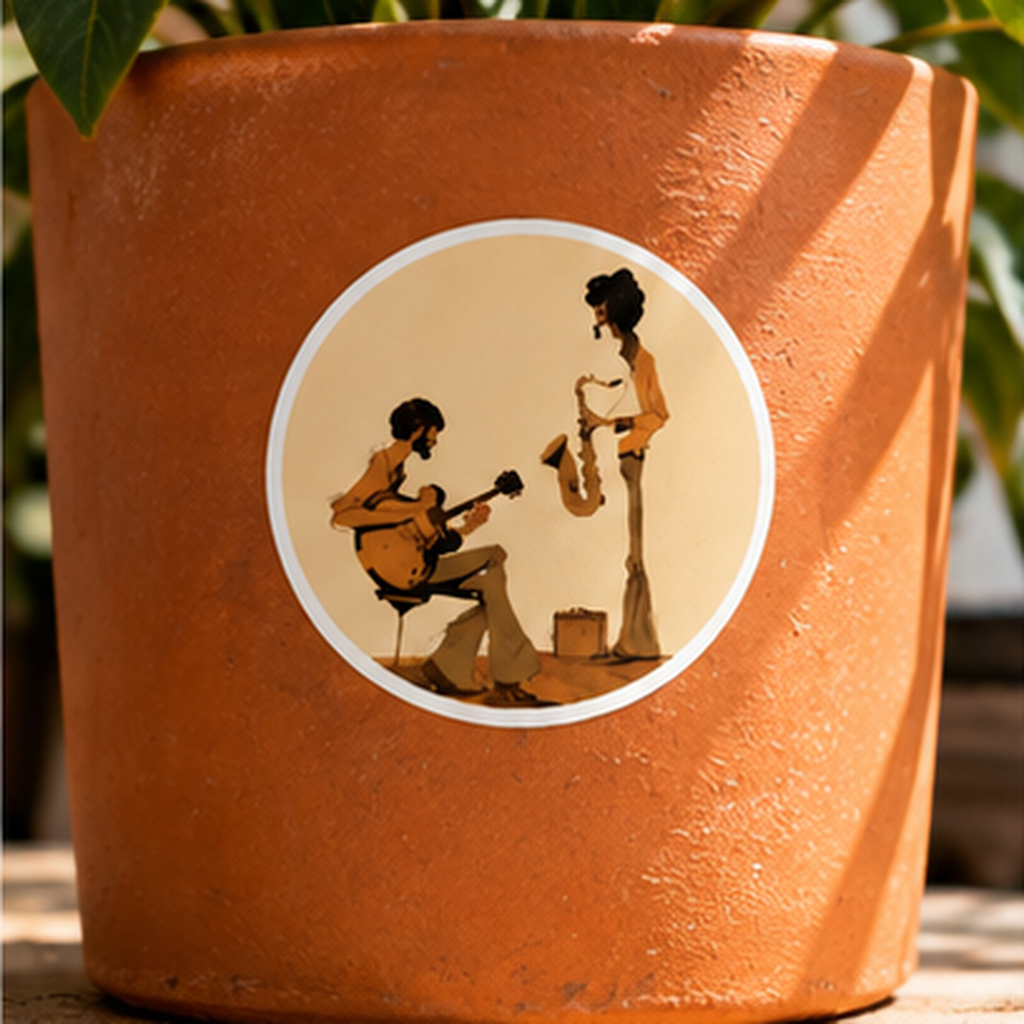 Round Jazz Musicians Sticker, Vintage Guitarist & Saxophone Decal, Retro Music Sticker, 70s Jazz Art, Musician Gift, Guitar Sticker