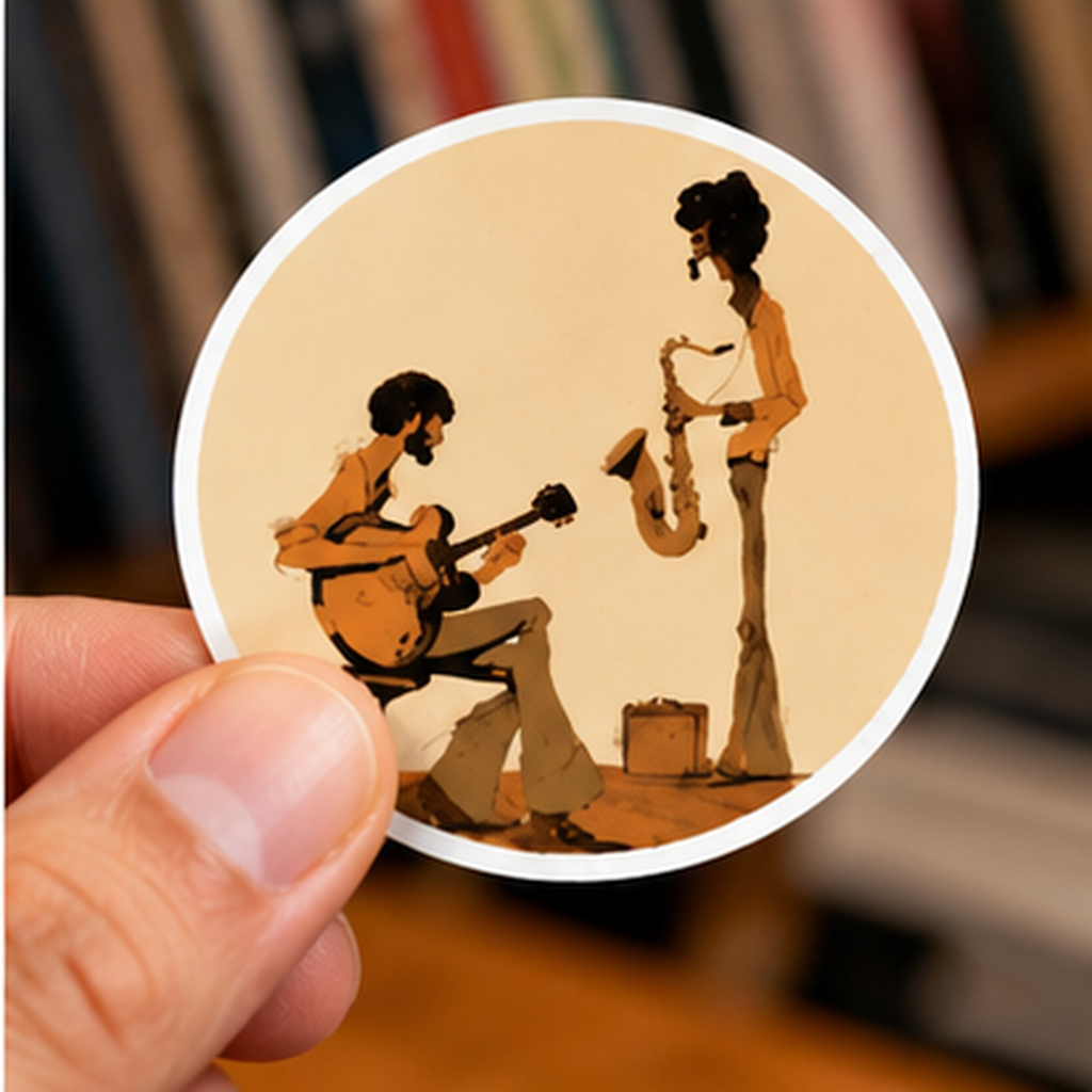 Round Jazz Musicians Sticker, Vintage Guitarist & Saxophone Decal, Retro Music Sticker, 70s Jazz Art, Musician Gift, Guitar Sticker