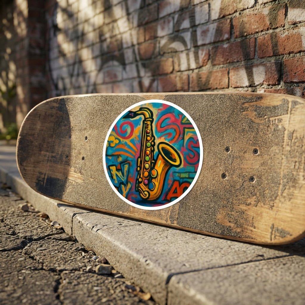 Saxophone Graffiti Round Sticker — Colorful Jazz Music Decal (Indoor/Outdoor) - MusicandydesignsPaper products