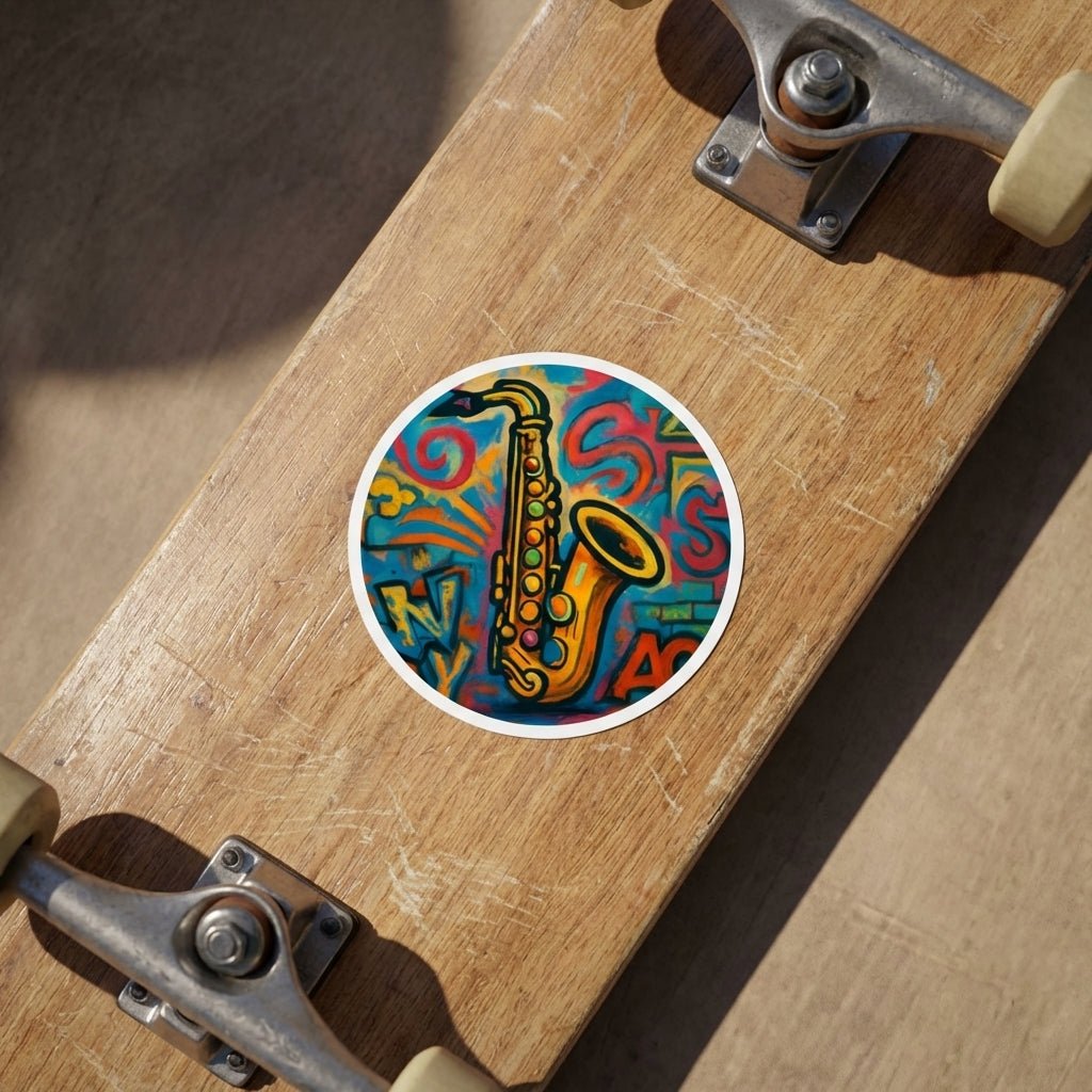 Saxophone Graffiti Round Sticker — Colorful Jazz Music Decal (Indoor/Outdoor) - MusicandydesignsPaper products