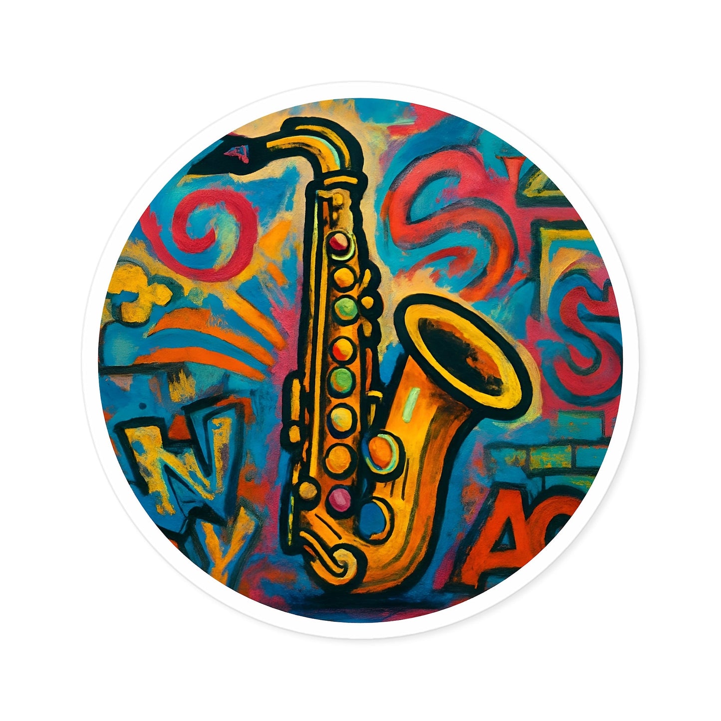 Saxophone Graffiti Round Sticker — Colorful Jazz Music Decal (Indoor/Outdoor) - MusicandydesignsPaper products