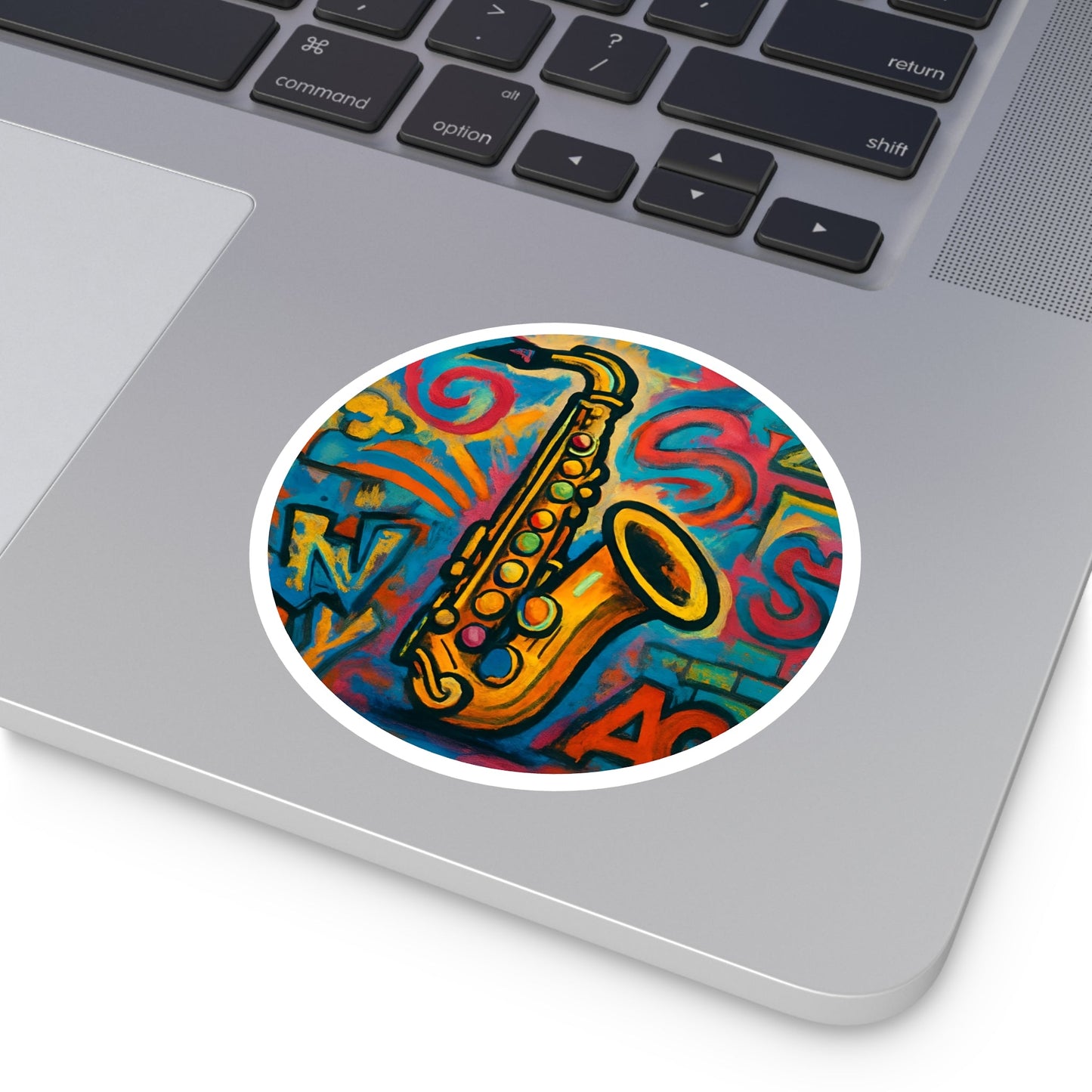 Saxophone Graffiti Round Sticker — Colorful Jazz Music Decal (Indoor/Outdoor) - MusicandydesignsPaper products
