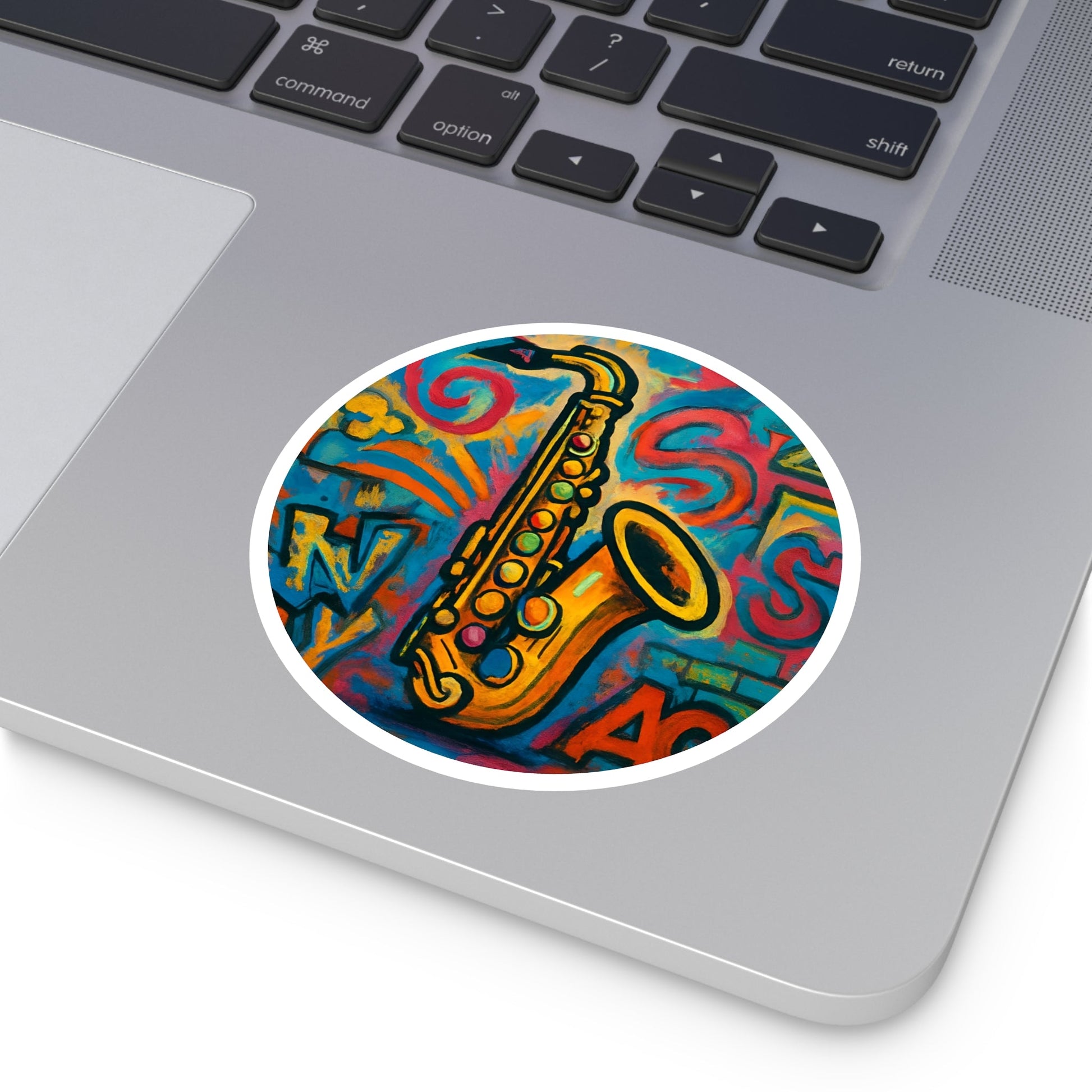 Saxophone Graffiti Round Sticker — Colorful Jazz Music Decal (Indoor/Outdoor) - MusicandydesignsPaper products