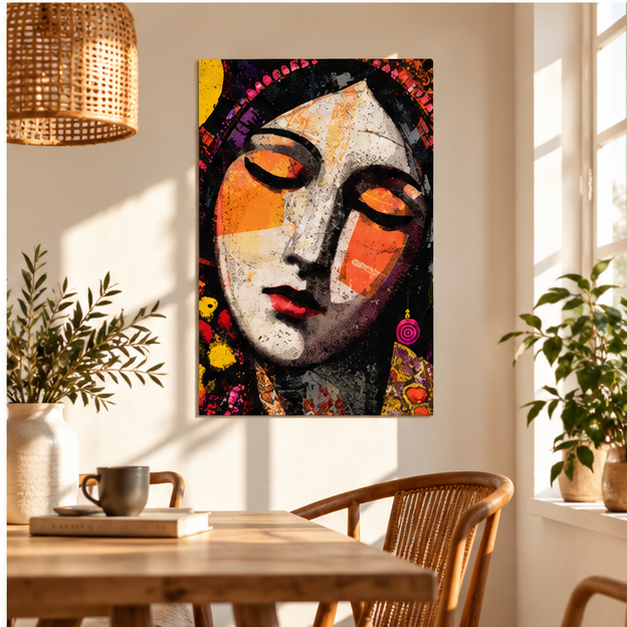 Serene Abstract Woman Matte Vertical Poster – Colorful Boho Portrait Wall Art, Vintage Folk Art Print, Modern Expressionist Home Decor