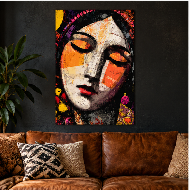 Serene Abstract Woman Matte Vertical Poster – Colorful Boho Portrait Wall Art, Vintage Folk Art Print, Modern Expressionist Home Decor