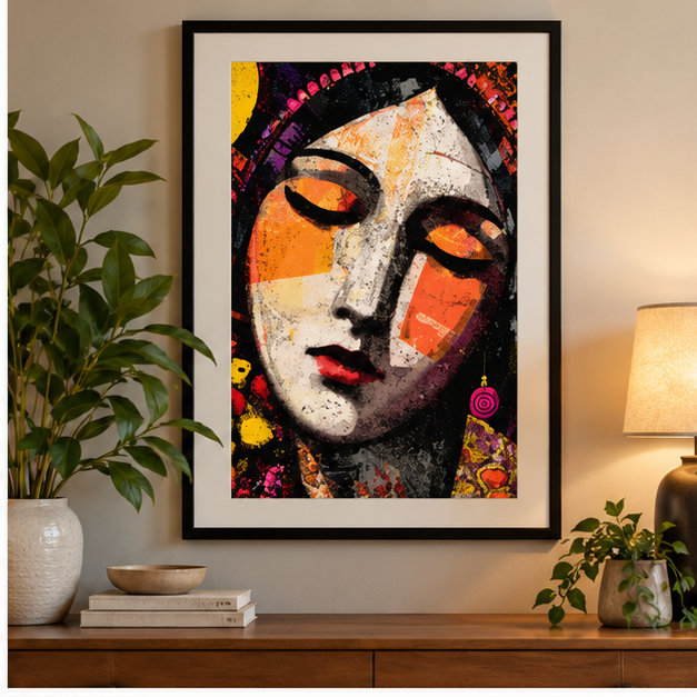 Serene Abstract Woman Matte Vertical Poster – Colorful Boho Portrait Wall Art, Vintage Folk Art Print, Modern Expressionist Home Decor