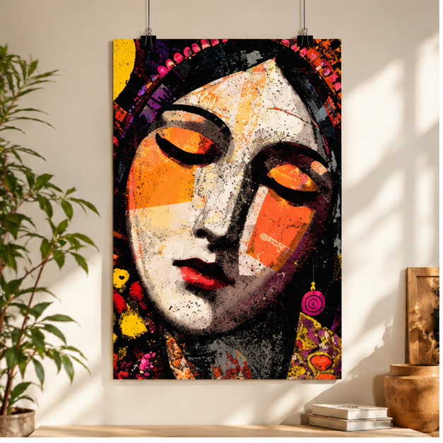 Serene Abstract Woman Matte Vertical Poster – Colorful Boho Portrait Wall Art, Vintage Folk Art Print, Modern Expressionist Home Decor