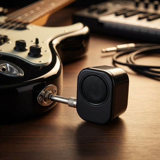Side view of a tiny electrical blowpipe mini speaker within a musician’s workspace, emphasizing its tactile textures and powerful audio performance in a styled setting.