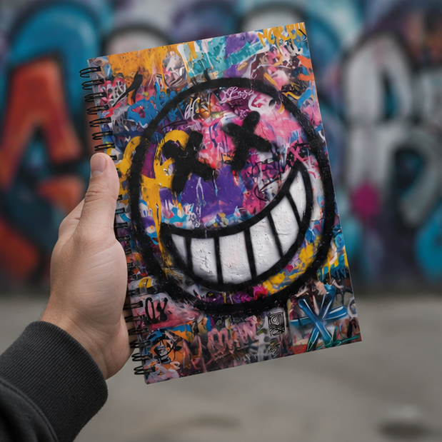 Graffiti Smiley Spiral Notebook Urban Street Art Ruled Journal Featuring Bold Spray Painted Cover And Vibrant Colors