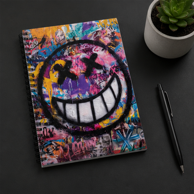 Graffiti Smiley Spiral Notebook Urban Street Art Ruled Journal Featuring Bold Spray Painted Cover And Vibrant Colors