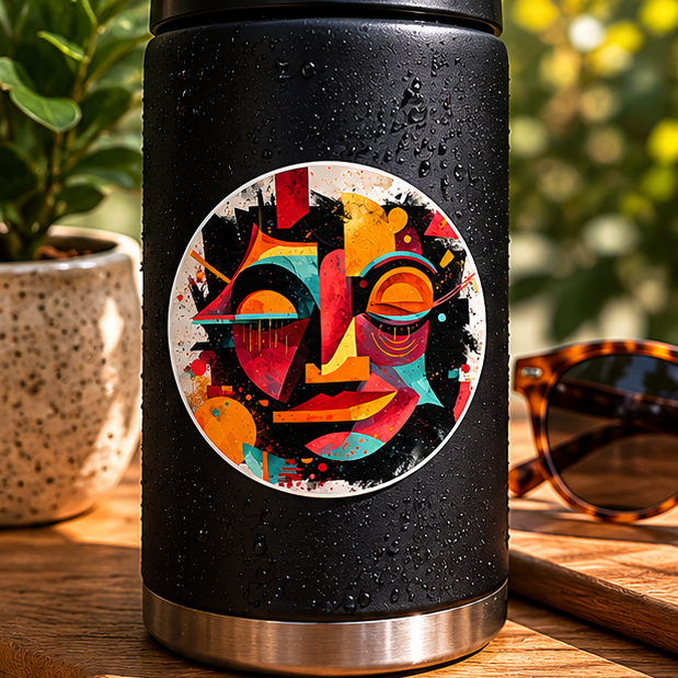 Abstract Face Round Sticker Colorful Urban Art Indoor Outdoor Vinyl Decal Laminated Finish