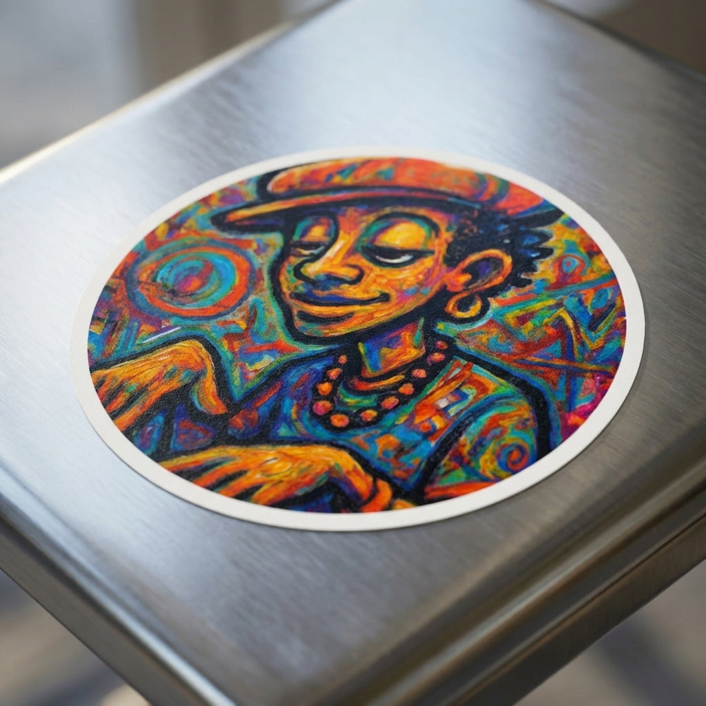 Close-up of the vibrant Street Groove musician sticker on a reflective surface, highlighting intricate abstract lines and high-opacity vinyl texture.