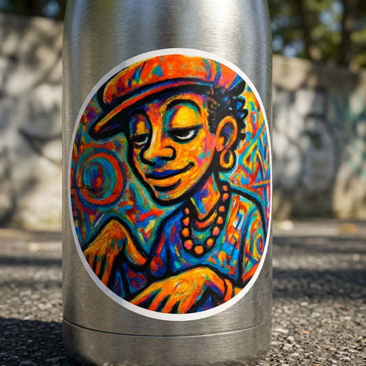 Creative shot of the Street Groove sticker on a water bottle outdoors, with natural sunlight and graffiti hints highlighting bold design.
