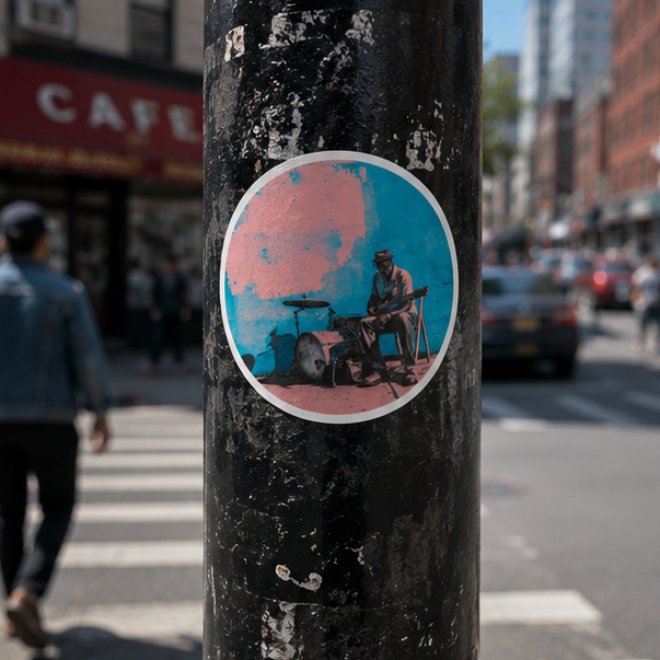 Vintage Street Musician Round Sticker Retro Blues Guitarist Vinyl Decal Teal Dusty Rose